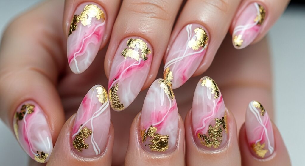 Pink marble nails with subtle white streaks and gold foil accents.