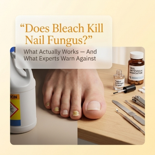Does Bleach Kill Nail Fungus? Risks, Results & Safer Treatments Alt Text: Split-style featured image showing a fungal toenail beside a bleach bottle contrasted with doctor-approved antifungal treatments and a healthy toenail in a premium medical editorial design.