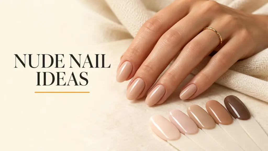 Nude nail design ideas featuring glossy beige almond nails and polish swatches from milky pink to deep mocha.