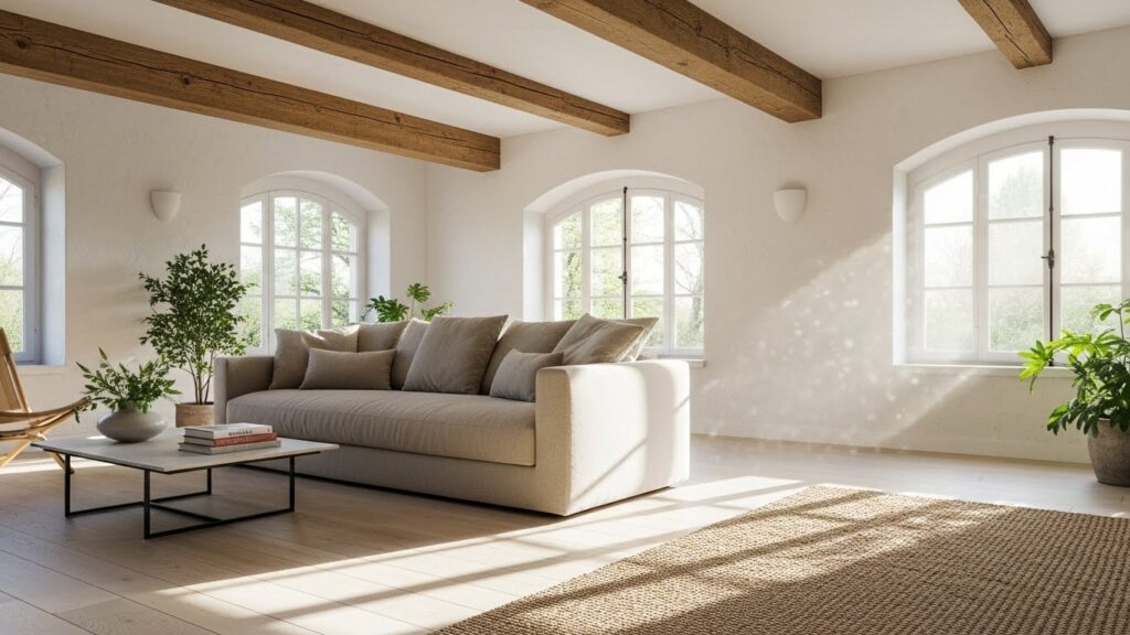 Modern Tuscan living room with exposed beams and bright neutral decor.
