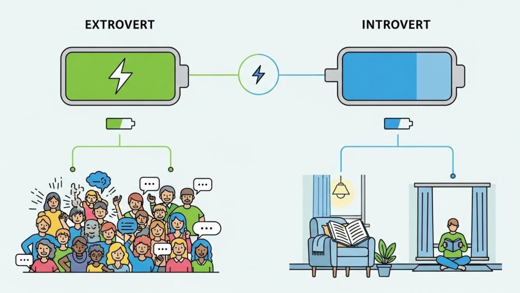 The difference between introvert and extrovert social battery charging.
