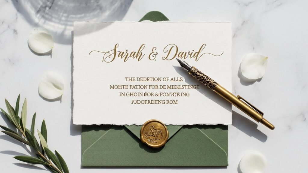 Flatlay of a luxury wedding invitation suite with gold foil and silk ribbon.