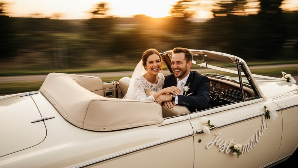 Bride and Groom exiting a venue into a vintage convertible car.