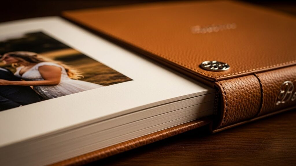 Close-up of a high-quality leather wedding album with thick pages being turned.