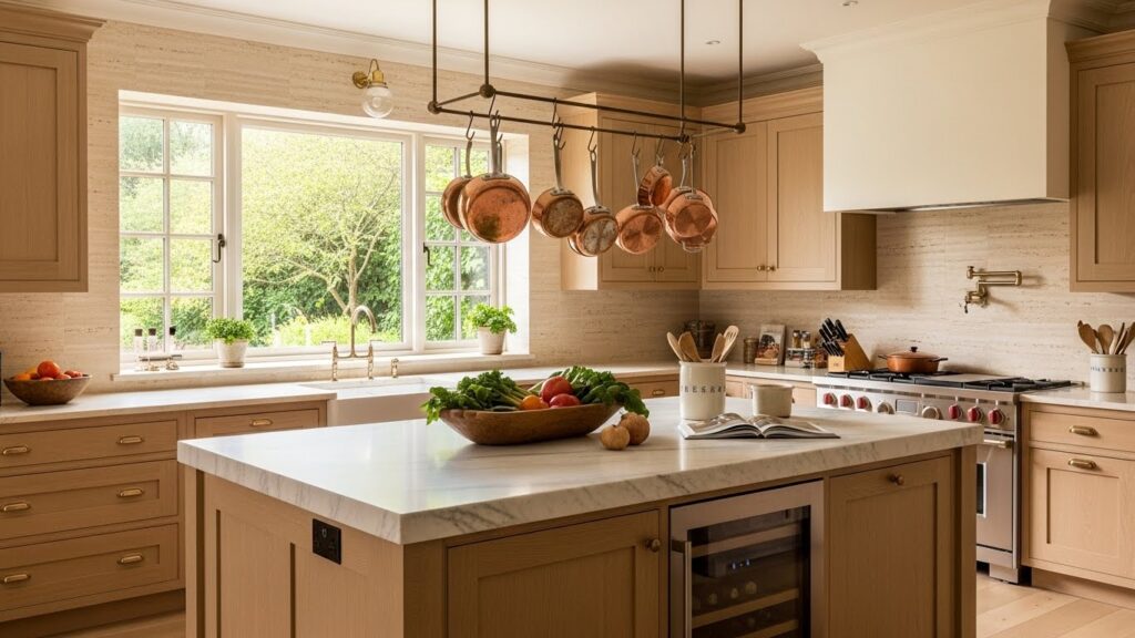 Modern Tuscan kitchen design with oak cabinets and travertine.