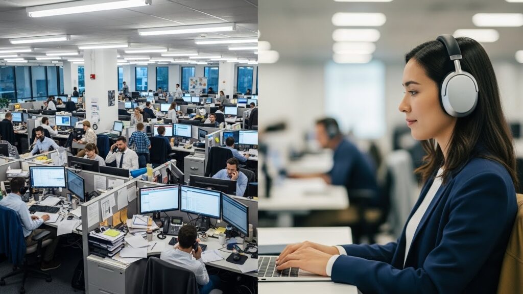 Introvert using headphones to focus in a busy workplace.