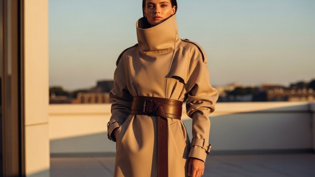 Styling a high collar jacket with a chunky belt for the 2026 Glamoratti fashion trend.