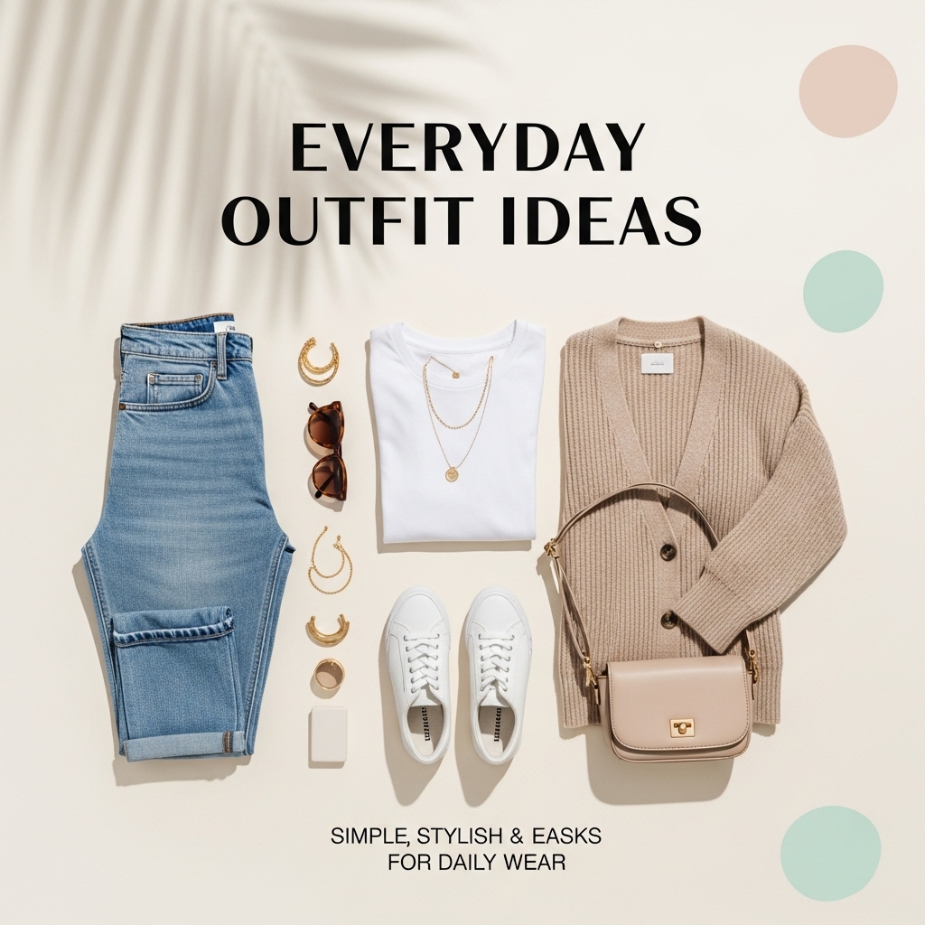 Aesthetic flat-lay of everyday outfit essentials including jeans, white T-shirt, beige cardigan, sneakers, gold jewelry, crossbody bag, and sunglasses with text “Everyday Outfit Ideas.”
