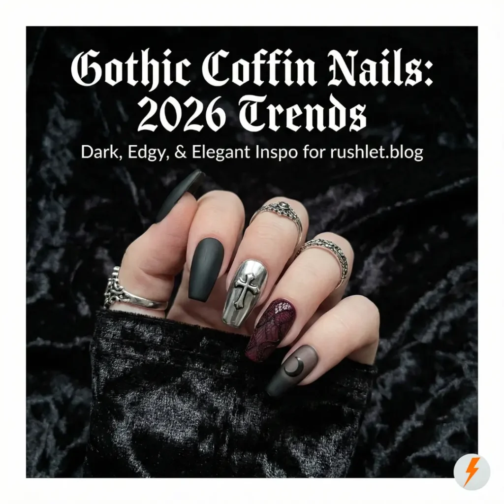 A close-up hand displays mixed designs including matte black, silver chrome with a 3D cross charm, and deep red with black lace. Text overlay reads 'Gothic Coffin Nails: 2026 Trends'.