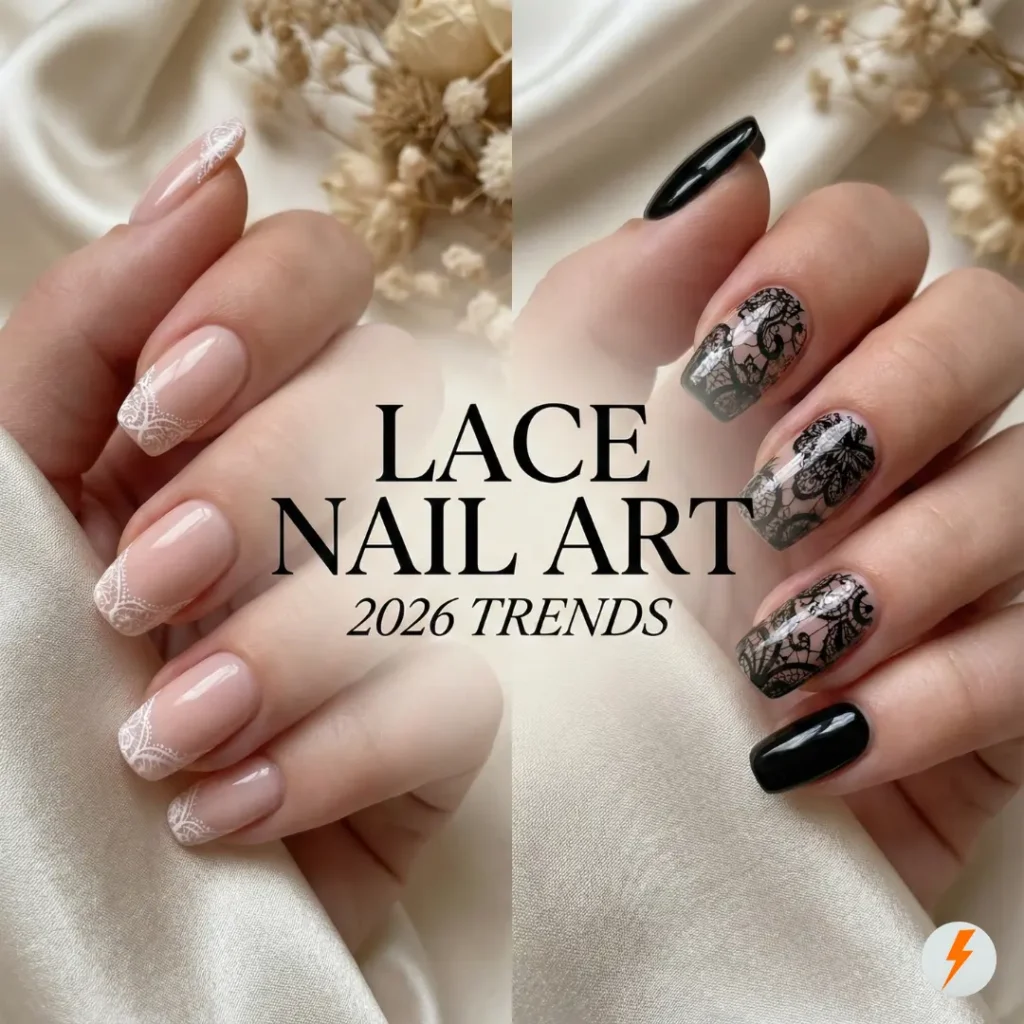 displaying contrasting lace nail art styles for 2026. The left side shows a hand with elegant white lace French tips on a sheer nude base. The right side shows a hand with edgy black lace patterns over sheer nails paired with solid glossy black polish. Text overlay in the center reads "LACE NAIL ART 2026 TRENDS".