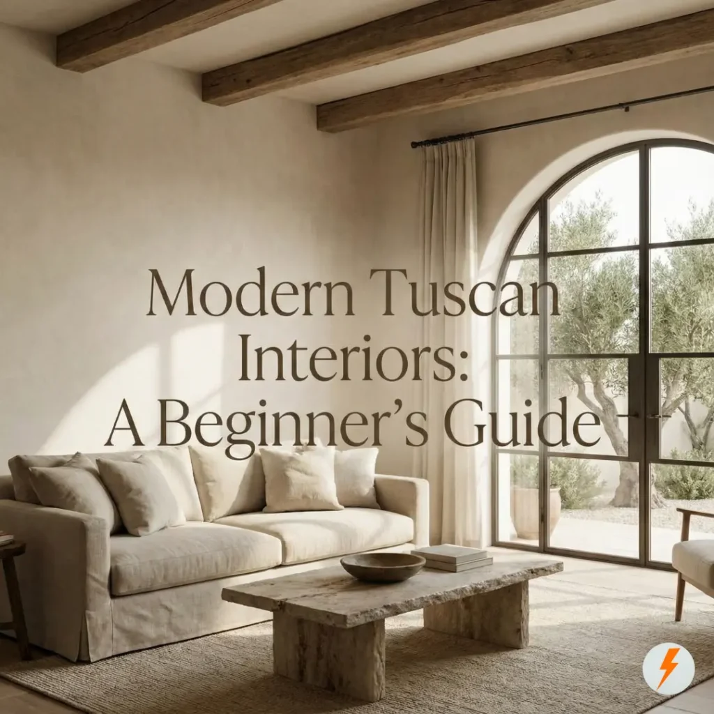 A bright Modern Tuscan living room featuring a beige linen sofa, rustic stone coffee table, exposed wood beams, and a large arched iron window. Text overlay reads: "Modern Tuscan Interiors: A Beginner's Guide."