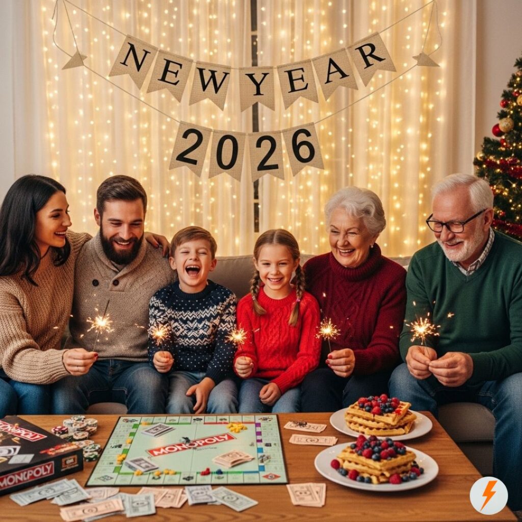 A multi-generational family celebrating New Year 2026 at home, sitting together on a couch with sparklers, playing a board game, and enjoying waffles under warm fairy lights.