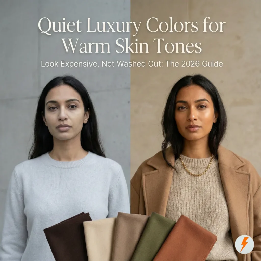 Split-screen comparison for 'Quiet Luxury Colors for Warm Skin Tones' guide. Left side shows a woman looking washed out in a cool grey sweater. Right side shows the same woman looking radiant in a warm camel coat and oatmeal sweater with gold jewelry. Text overlays the image, and fabric swatches of warm neutrals are at the bottom.
