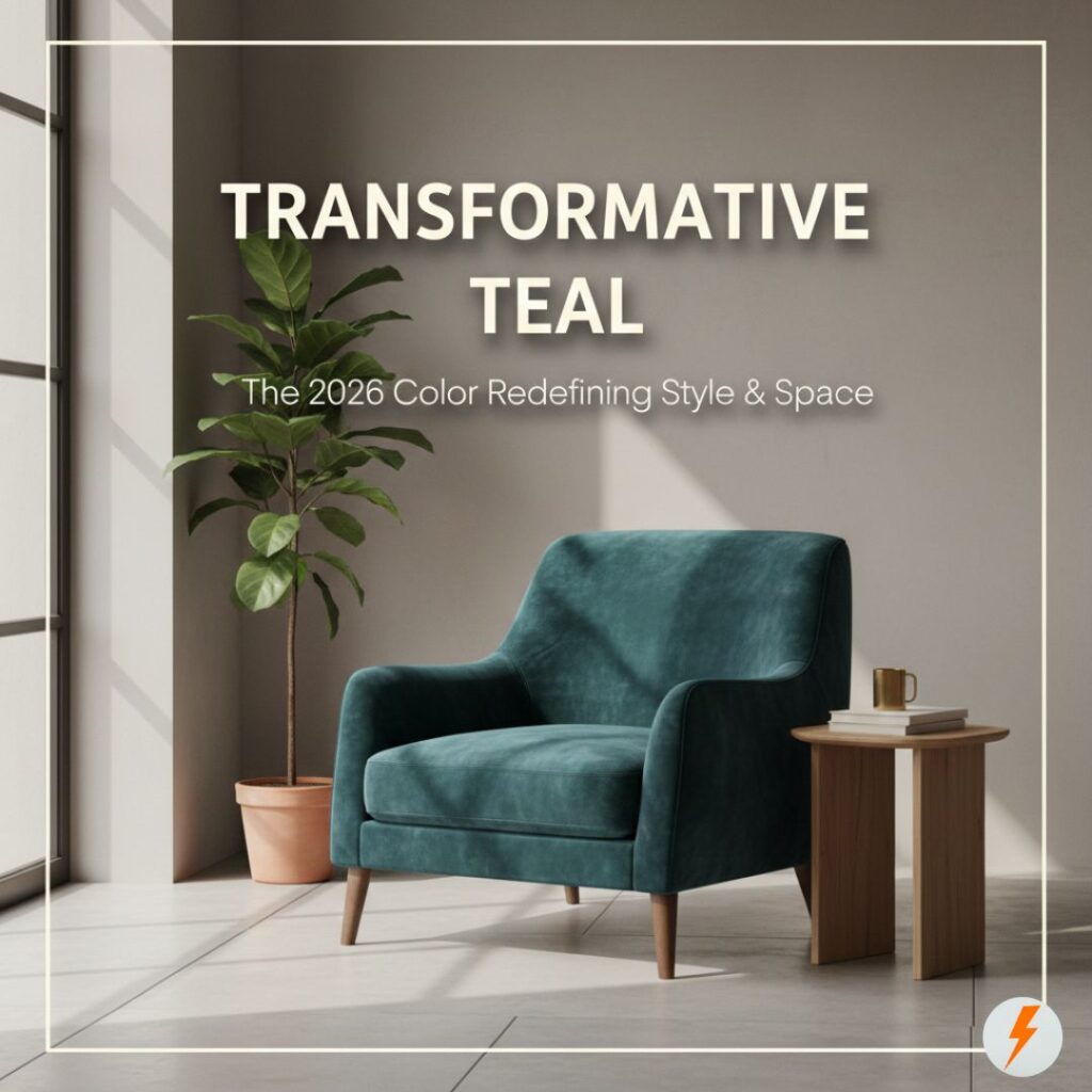 A luxurious modern living room featuring a Transformative Teal velvet armchair, minimalist wood furniture, and soft cinematic lighting. Text overlay reads: "TRANSFORMATIVE TEAL: The 2026 Color Redefining Style & Space."
