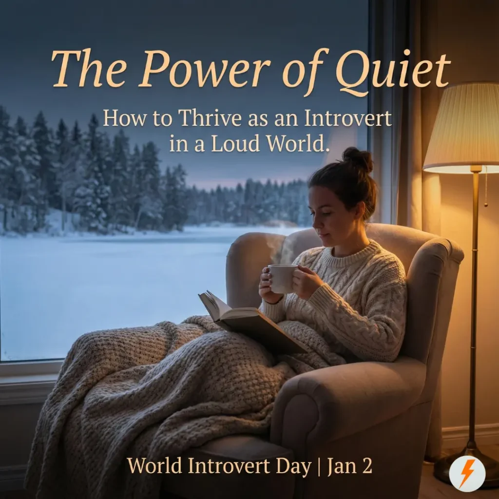A cozy winter scene featuring a person relaxing in an armchair by a window with a hot drink. Text overlay reads: 'The Power of Quiet: How to Thrive as an Introvert in a Loud World - World Introvert Day | Jan 2'.