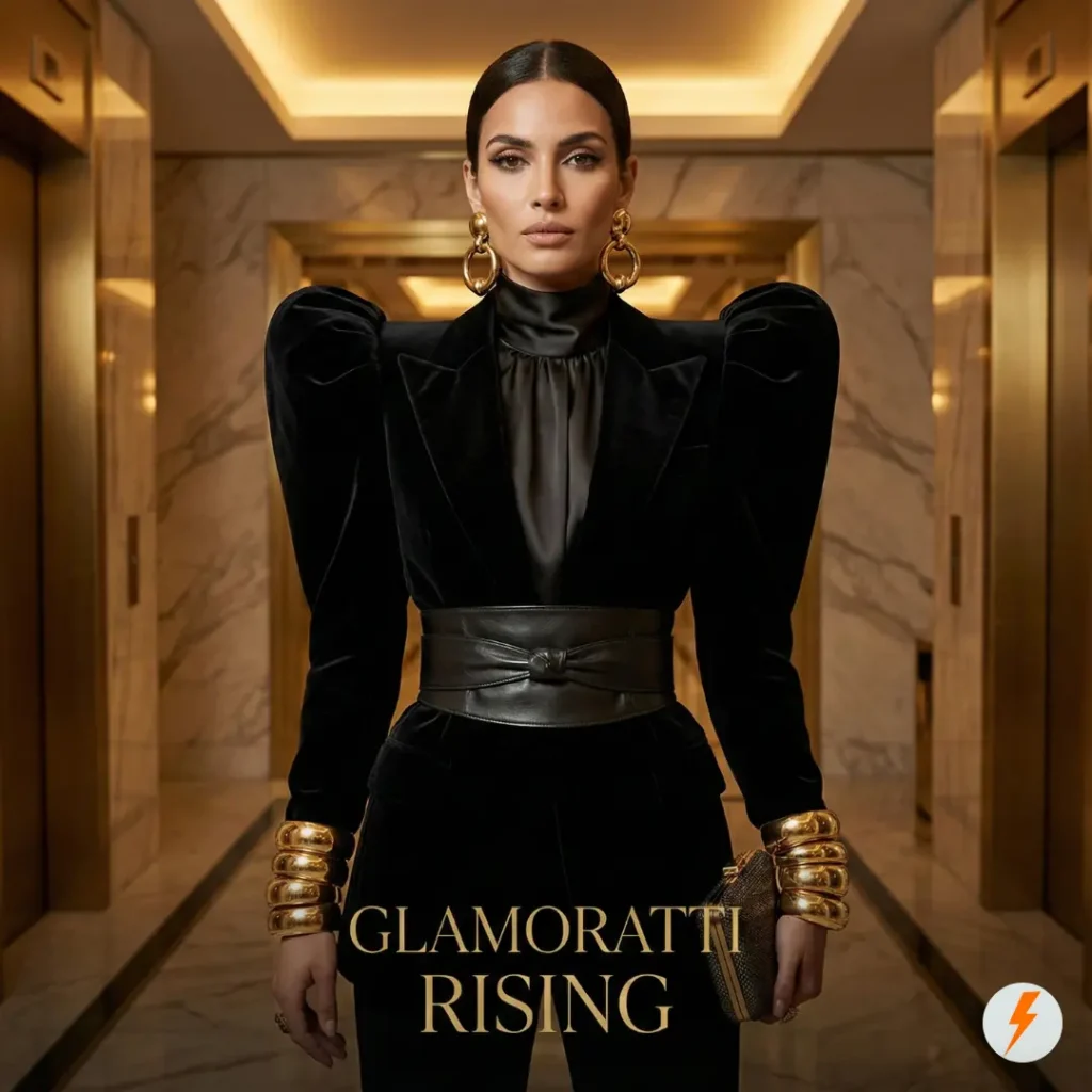 Woman wearing 2026 Glamoratti fashion trend featuring black velvet power suit with sculpted shoulders, a wide leather belt, and chunky gold stacked jewelry.