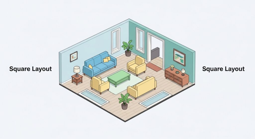 3D floor plan comparisons for narrow, square, and L-shaped small living rooms.