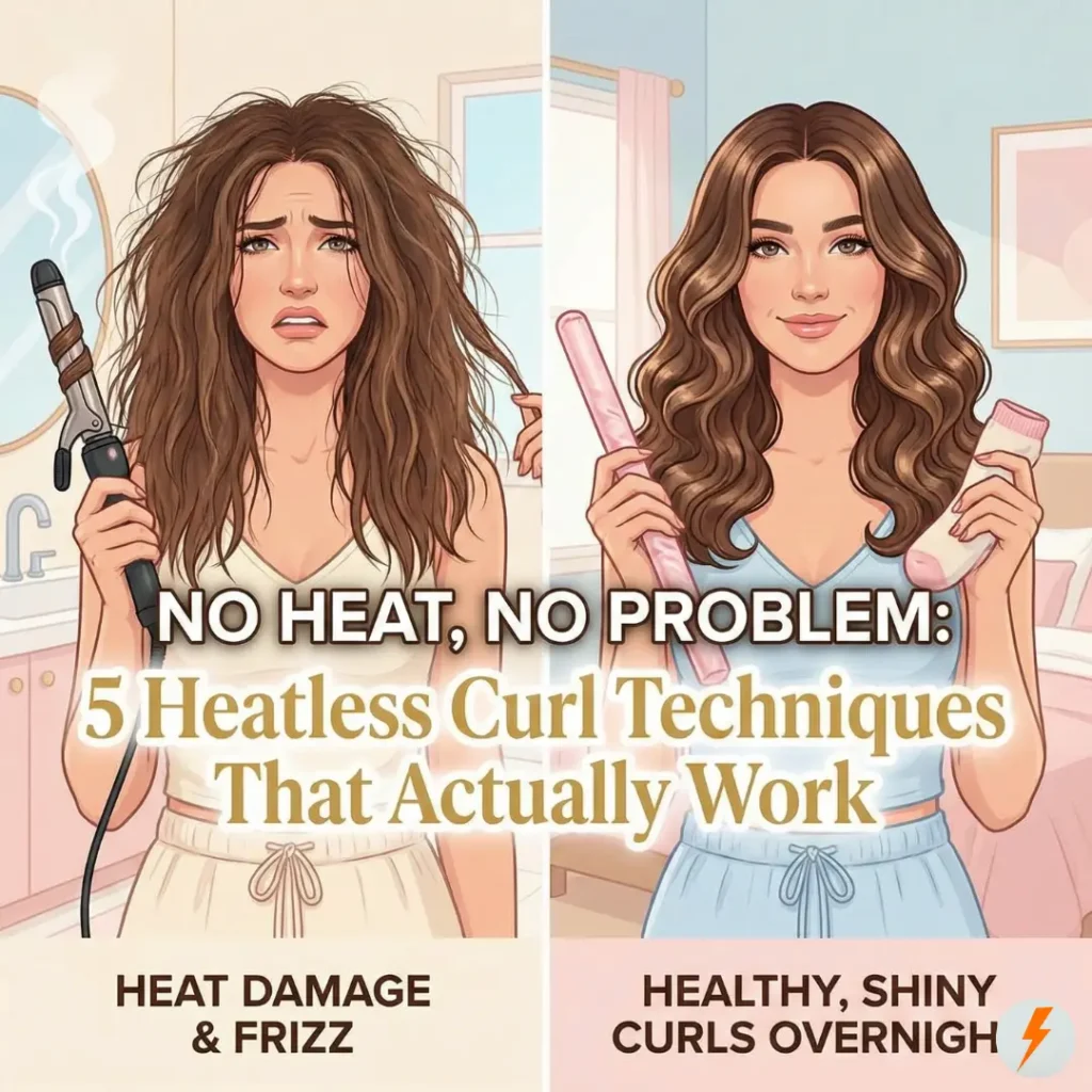 Split-screen illustration comparing heat damage vs heatless curls. Left: Woman with frizzy hair holding a smoking curling iron. Right: Woman with shiny waves holding a satin rod and sock. Text overlay: No Heat, No Problem: 5 Heatless Curl Techniques That Actually Work.