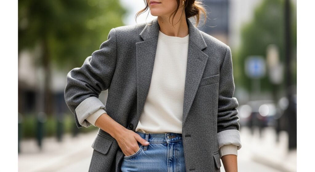 A charcoal grey oversized blazer styled casually for a spring day.