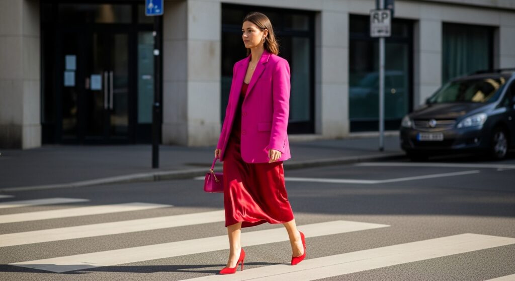 A clear, stylish example of the red and pink color-blocking trend in action.