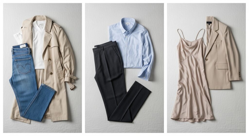 A collage of three different spring outfits using capsule wardrobe items.