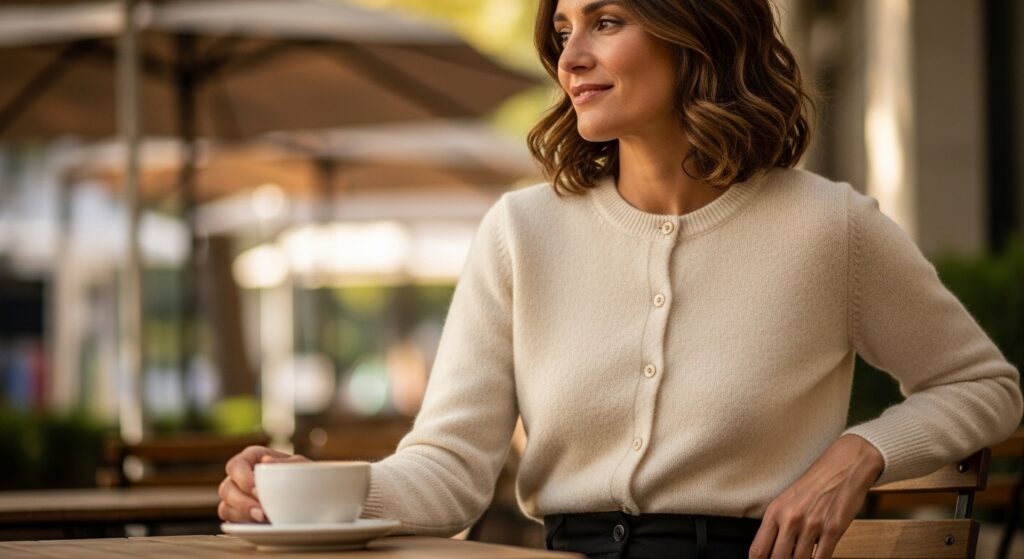 A cream-colored knit cardigan worn buttoned up as a top.