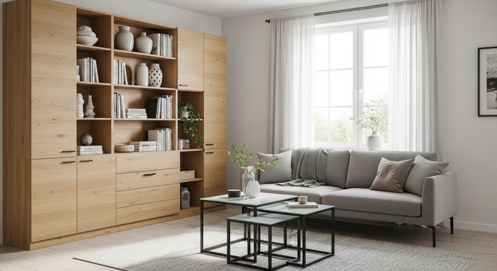 A multifunctional small living room furniture setup with floor-to-ceiling storage and nesting tables.