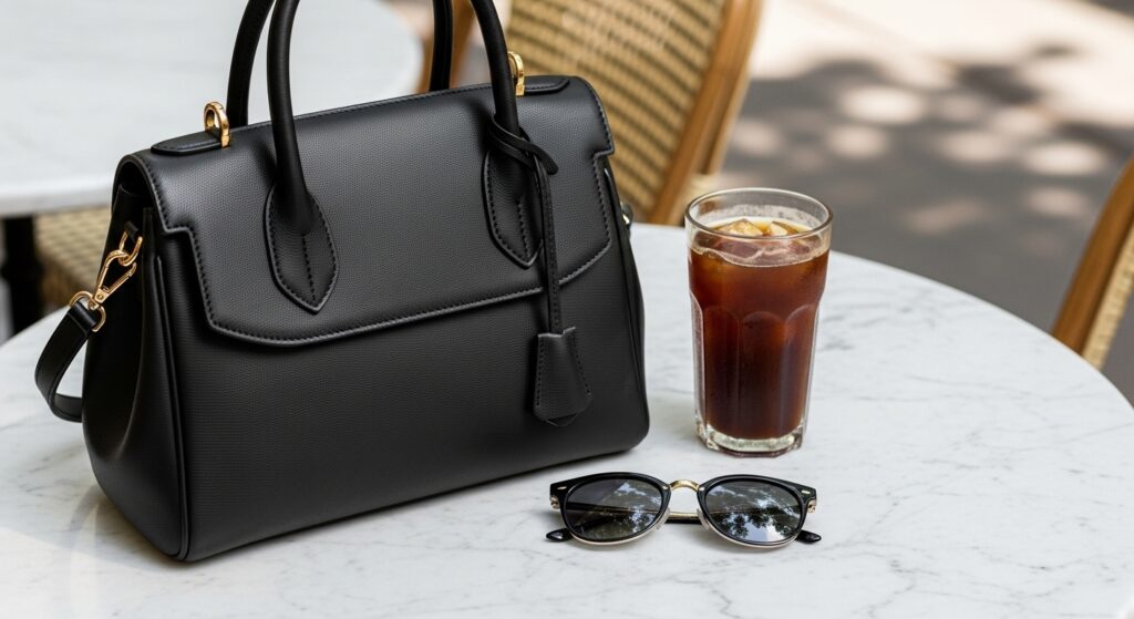 A structured black leather top-handle bag sitting on a cafe table.
