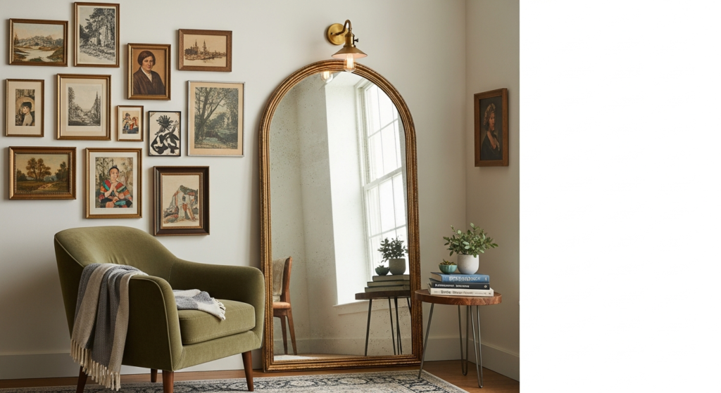 Artistically decorated small living room with wall sconces and a large mirror.