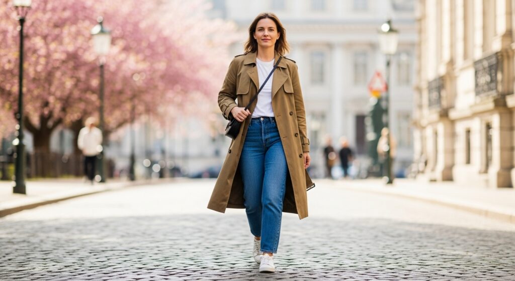 A woman wearing a relaxed fit beige trench coat walking on a city street in spring.