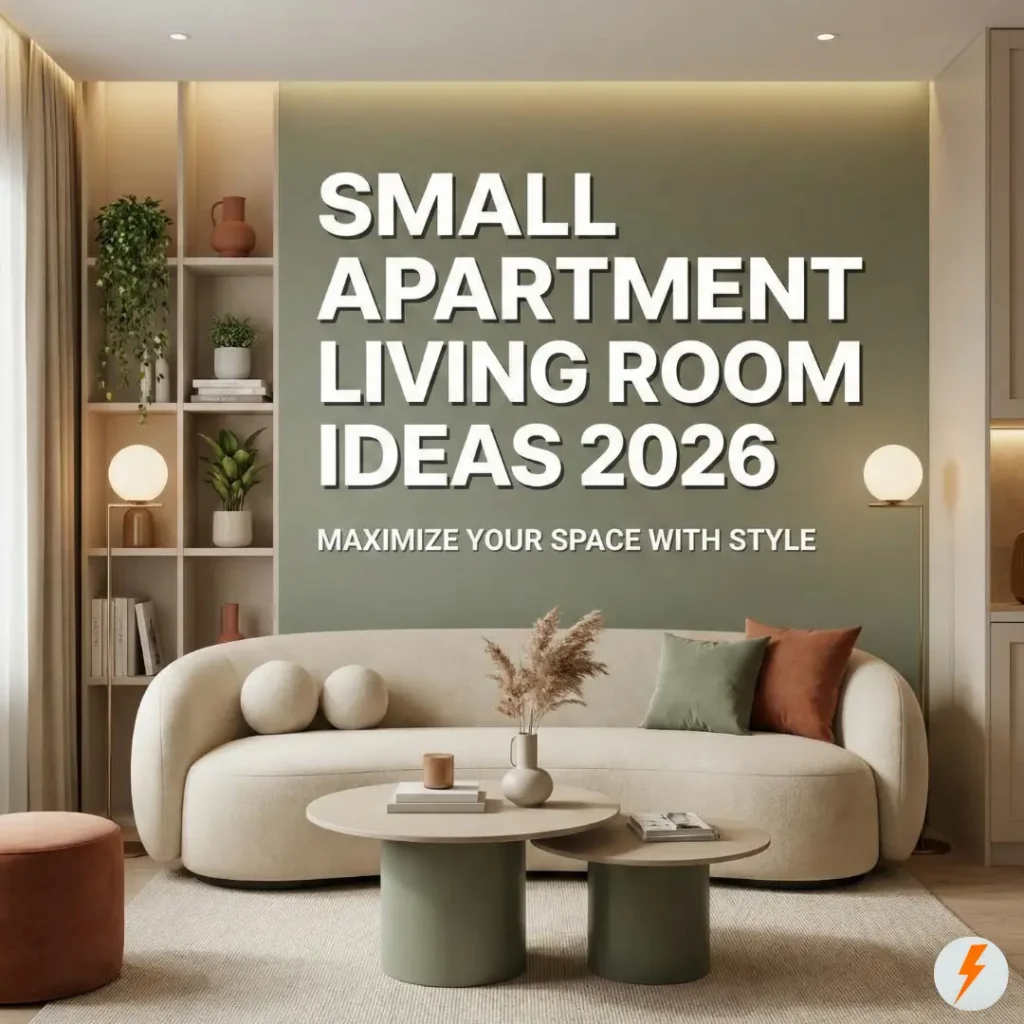 Stylish small apartment living room featuring a curved beige sofa, sage green accent wall, and nesting coffee tables, with white text overlay reading "SMALL APARTMENT LIVING ROOM IDEAS 2026" and "MAXIMIZE YOUR SPACE WITH STYLE".