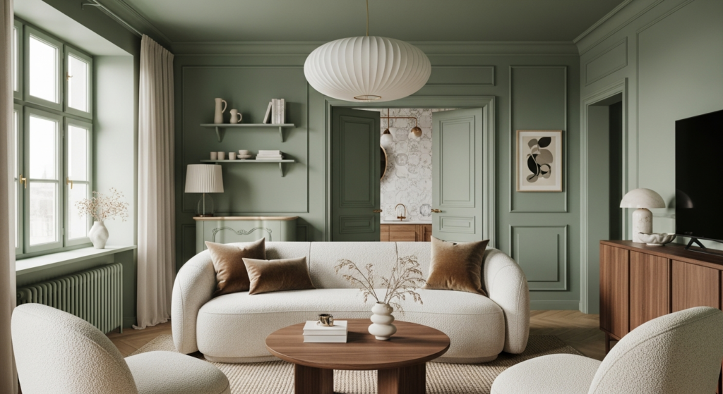 A trendy 2026 small living room featuring color drenching in sage green and a curved cream sofa.
