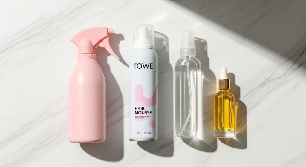 Best products for heatless curls: mousse, spray bottle, and hair oil.