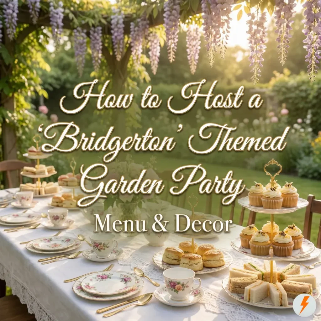 Featured image showing an elegant garden party table set with vintage china, tiered tea sandwiches and cupcakes, under hanging wisteria flowers. Text overlay reads: "How to Host a 'Bridgerton' Themed Garden Party Menu & Decor".