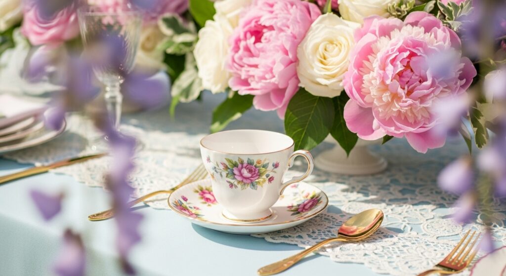 Bridgerton style table setting with vintage teacups and gold cutlery.