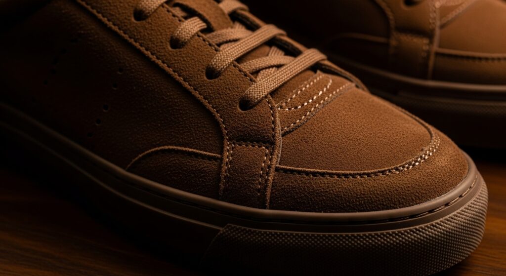 Brown suede luxury sneakers with leather trim detail.