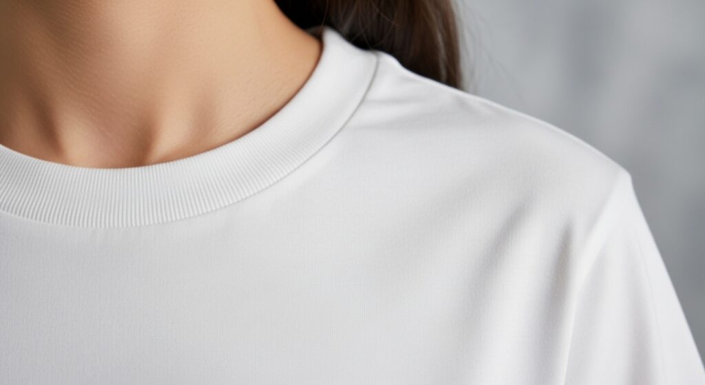 Close-up detail of a high-quality heavyweight white t-shirt fabric.