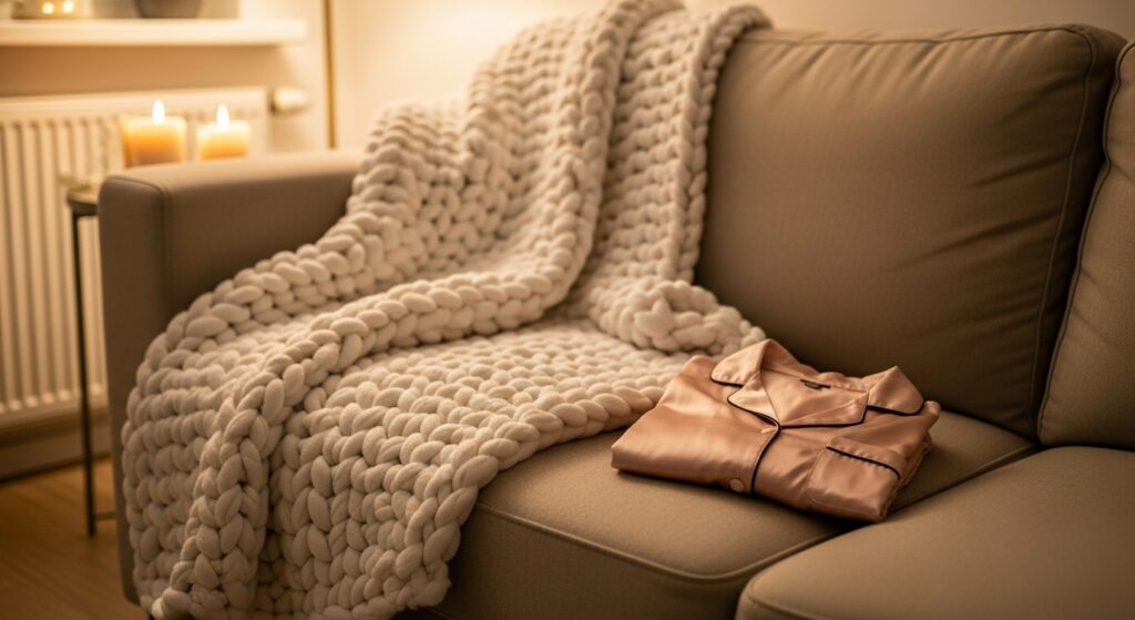 Cozy unique valentine's gifts 2026 weighted blanket and silk pajamas.