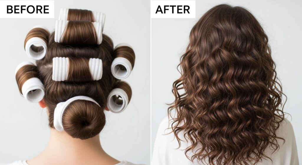 DIY sock curls tutorial results before and after.