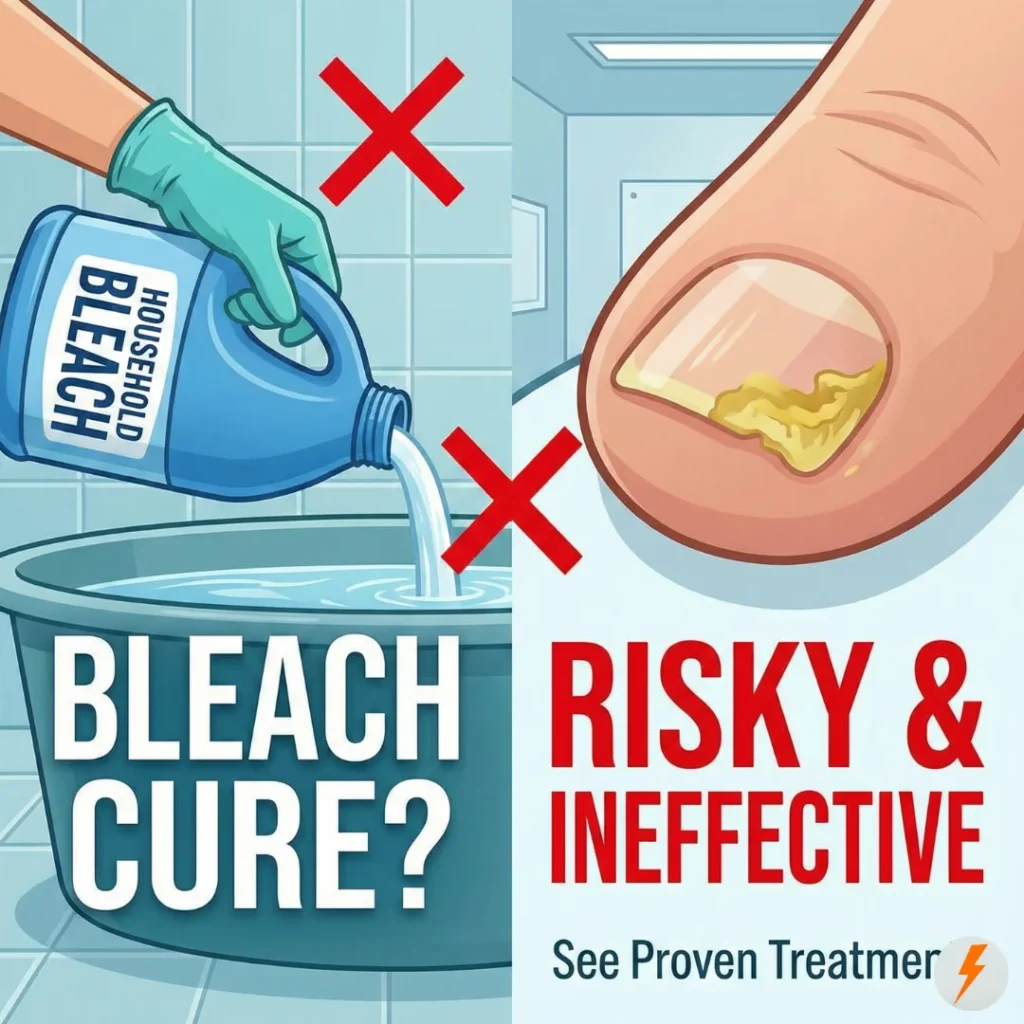 Split graphic illustrating the dangers of using household bleach for nail fungus; left side shows bleach being poured into a basin with text "Bleach Cure?", right side shows an infected yellow toenail with text "Risky & Ineffective" and red warning crosses.