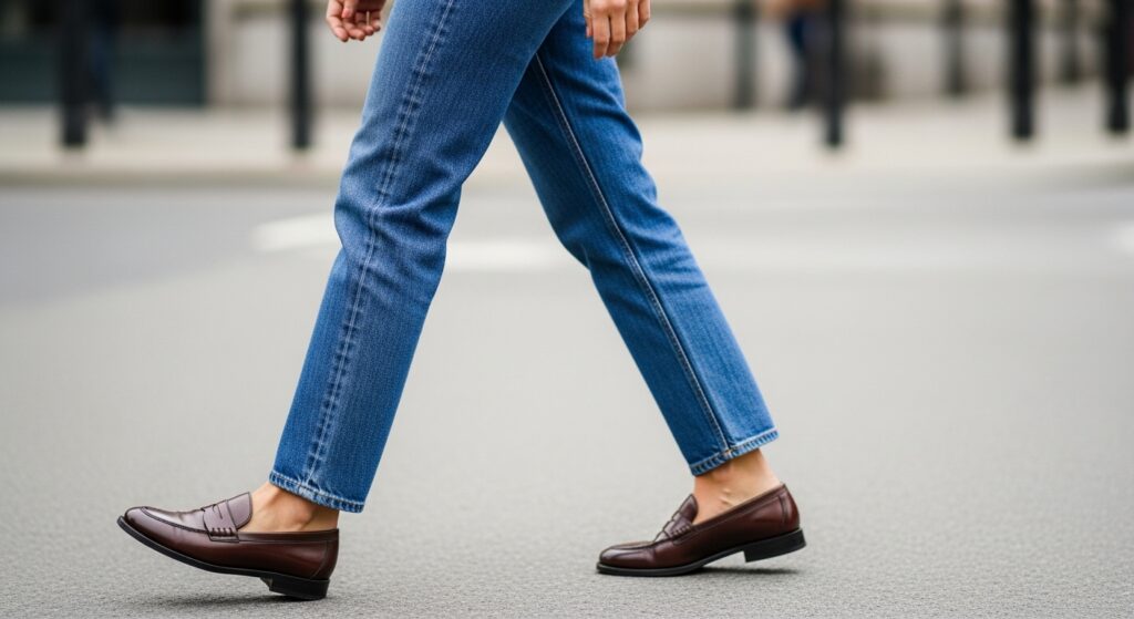 Pair of vintage wash straight-leg blue jeans styled with loafers.