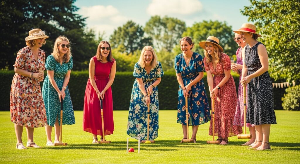 Guests playing croquet lawn game at a Bridgerton themed party.