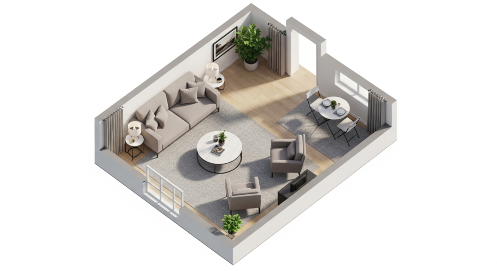 Overhead view of a small living room layout with sofa pulled away from walls.