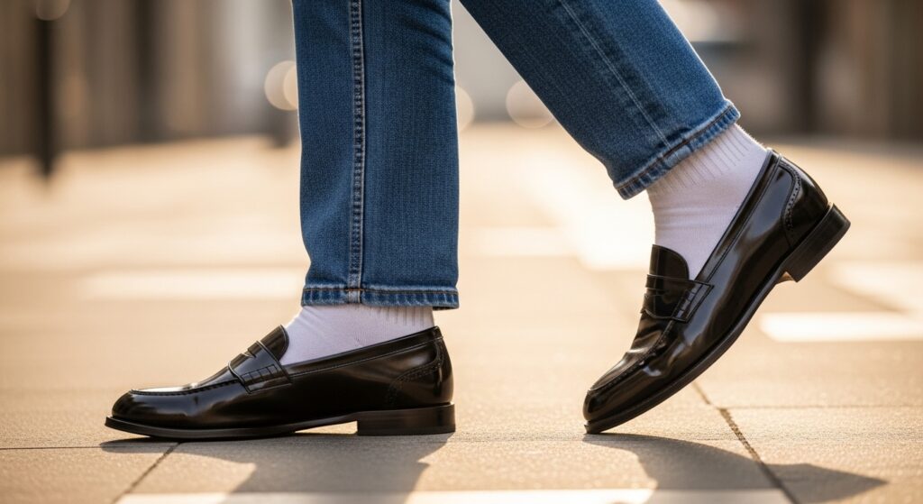 Pair of black leather penny loafers on a city sidewalk.
