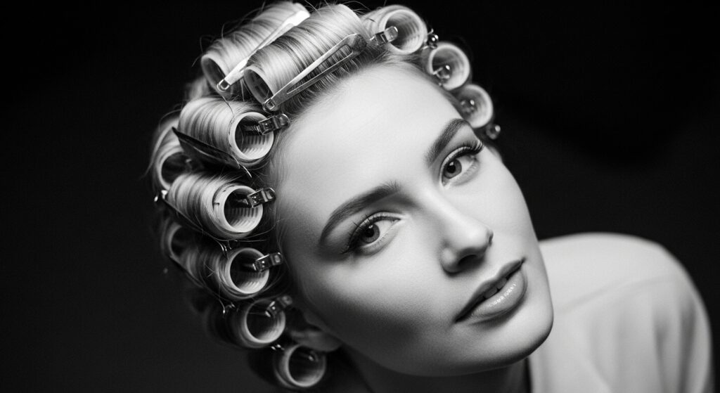 Pin curls set on short hair for vintage waves.