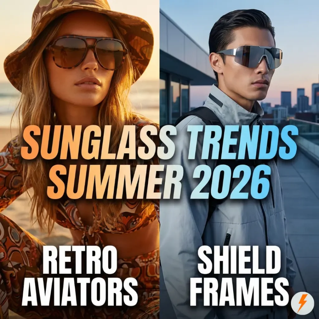 Split-screen featured image for Summer 2026 sunglass trends: a woman wearing retro tortoiseshell aviators on the left versus a man wearing futuristic silver shield frames on the right, with the text "Sunglass Trends Summer 2026" overlaid.