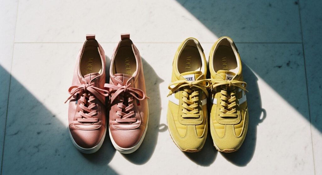 Satin ballet-style sneakers and vintage slim runners for Spring 2026.