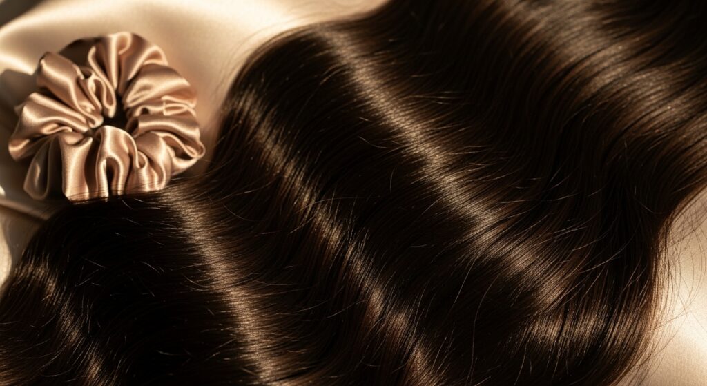 Shiny healthy hair texture after using heatless styling methods.