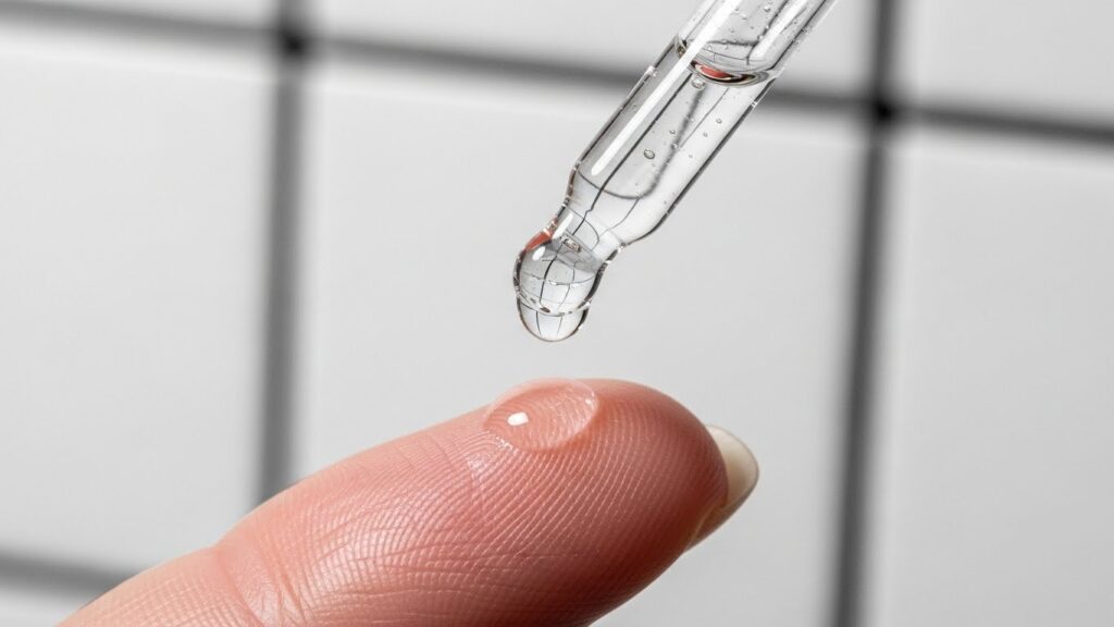 Applying chemical exfoliant serum for skin cycling night 1.