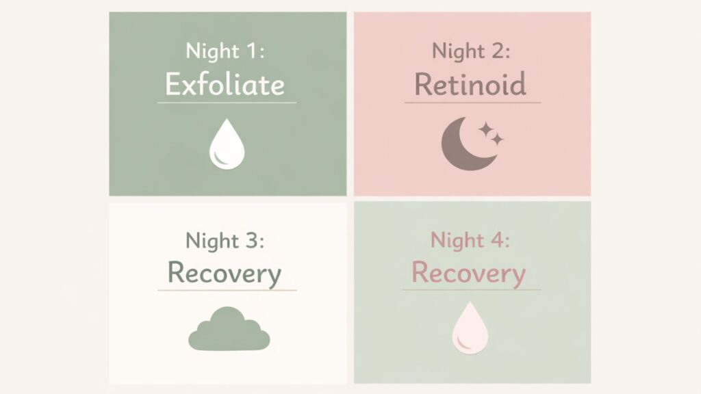 4 night skin cycling schedule infographic showing exfoliation, retinoid, and recovery nights.